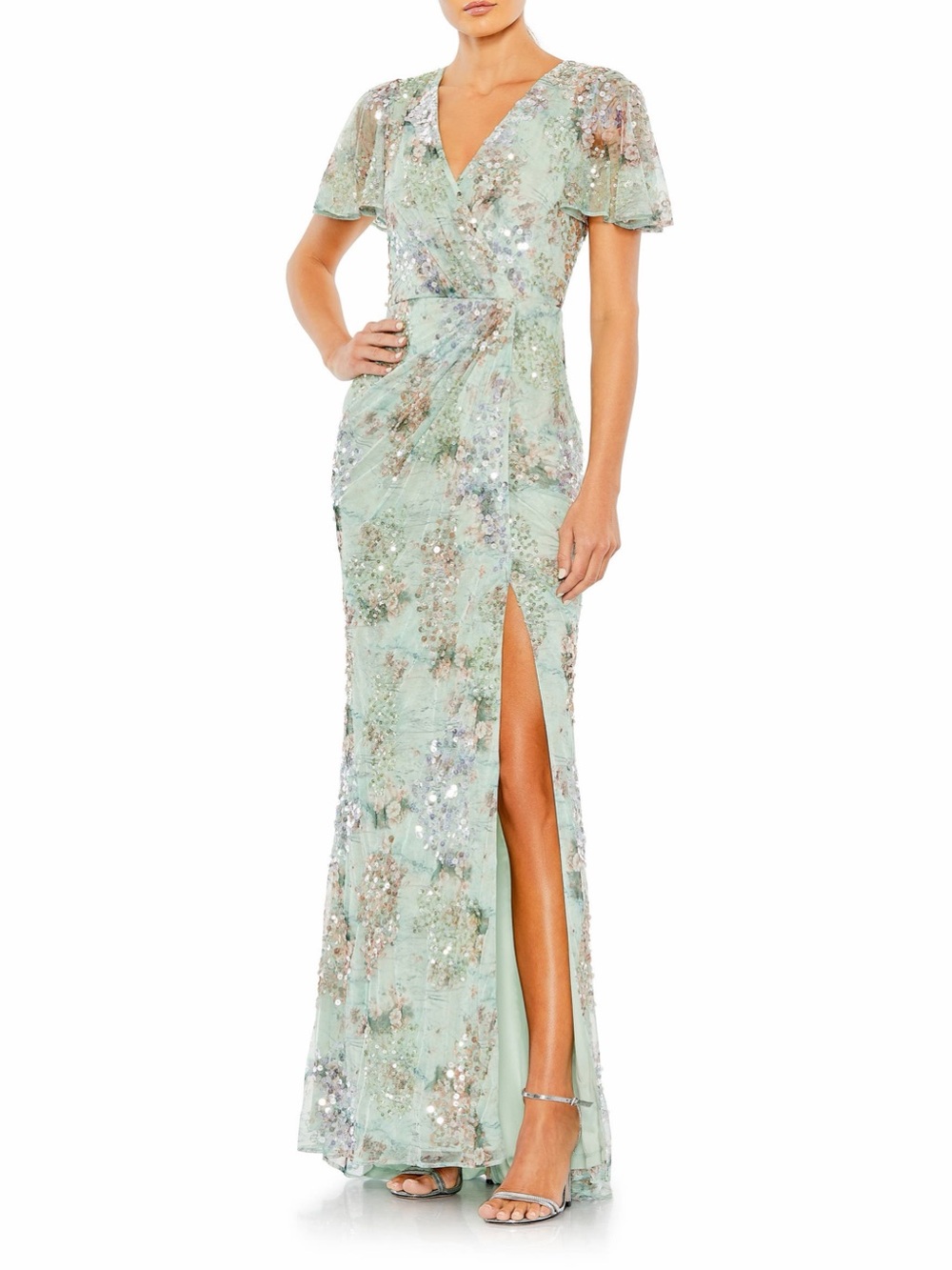 Mac Duggal Green Flutter‎ Sleeve Embellished Evening Wrap Gown NWT Size 8